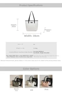 Detailed size specifications for a large PU leather tote bag with dimensions and capacity