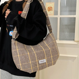 Retro plaid wool hobo bag for women with brown check pattern and adjustable strap