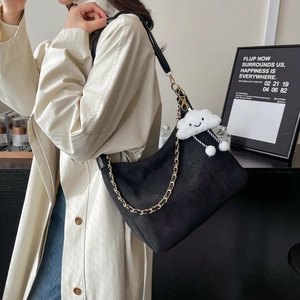 Chic black faux suede hobo bag with gold chain and white cloud charm for women
