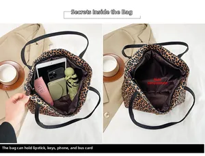 Detailed interior of leopard print tote bag showing storage for tablet and wallet