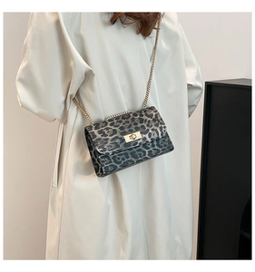 Detail of leopard print crossbody bag featuring golden chain strap and metal turn-lock closure