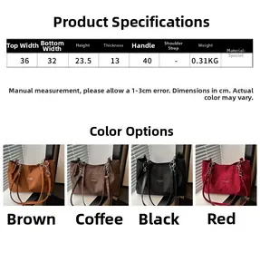 Size chart showing dimensions for large capacity suede tote bag with four color options
