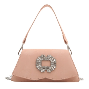 Pink faux suede crossbody bag with elegant crystal buckle and silver chain strap