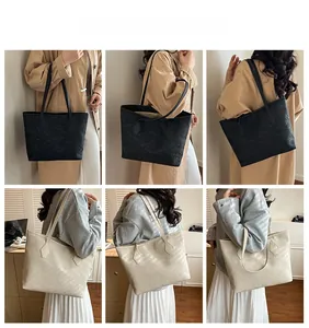 Modische gewebte Einkaufstaschen in Schwarz und Beige in verschiedenen Outfits