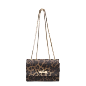 Minimalist leopard print chain flap bag with golden metal twist lock and leopard spots