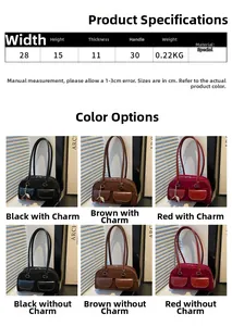 Detailed size specifications for the vintage suede shoulder bag with cherry charm accents