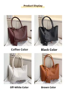 Detail showing high-capacity tote bags in brown, black, cream and tan with matching pouches