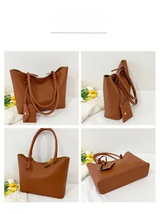 Detailed views of a large brown leather tote bag with a matching small hanging pouch