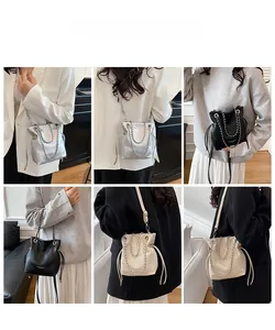 Collage of fashion chain bucket bag shown in silver, black, and beige on a model
