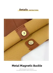 Detail view of the brown leather shoulder bag featuring magnetic metal buckle and red stitching