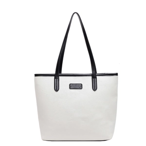 Minimalist white tote bag with black leather straps and large capacity for women