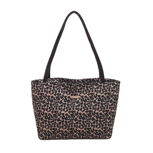 Retro leopard print tote bag with black shoulder straps and golden metal logo plate