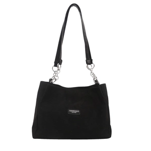 Retro black suede large tote bag with leather straps and metal chain details for women