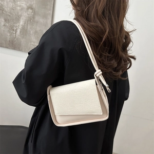 Chic cream white PU leather underarm bag with textured striped flap for women's daily use