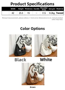 Detailed size specifications for corduroy tote bag with bow print and cute charms