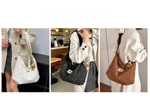 Detailed views of corduroy tote bags with bow patterns and bear charm in three colors