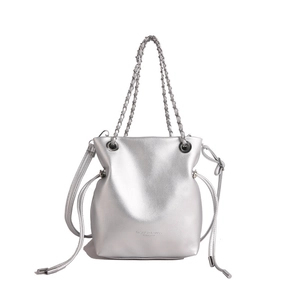 Metallic silver drawstring bucket bag with chain strap and fashion logo on white background