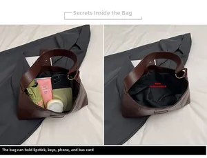 Detail of spacious dark brown hobo bag interior showing large storage capacity