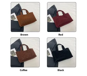 Four variations of leopard print tote bags in brown, red, coffee, and black tones