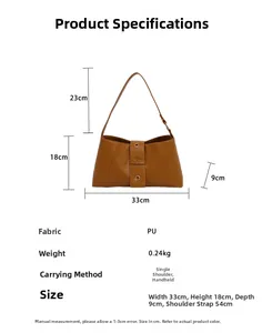 Detailed size measurement chart of the brown PU leather rivet shoulder bag with dimensions