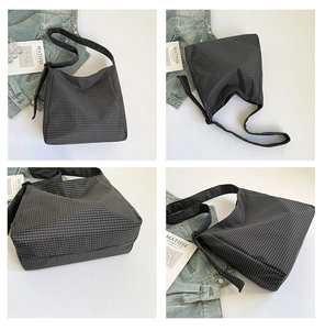 Detailed four-way view showing black and white checkered canvas tote with knot strap detail