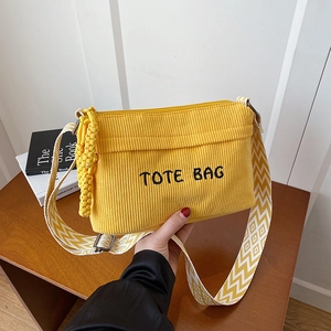 Women Corduroy Tote Bag Embroidered Letter Casual Shoulder Bag With Geometric Strap Retro School Style Small Handbag