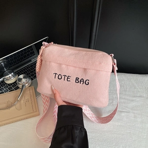 Pink corduroy tote bag with TOTE BAG embroidery and stylish wave pattern wide shoulder strap