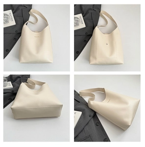 Detailed views of beige minimalist tote bag showing front, back, and smooth leather texture