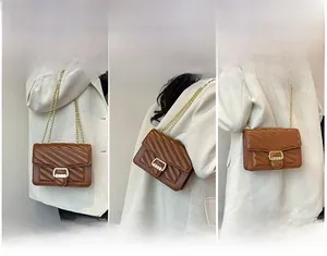 Brown quilted chain bag shown in three styles: handbag, shoulder bag, and crossbody bag