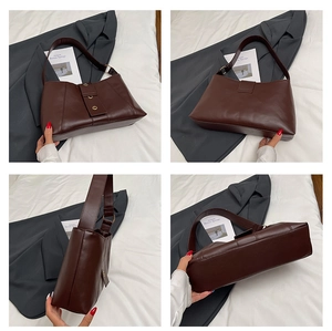 Detail view showing four sides of retro brown leather shoulder bag with gold metal buckles