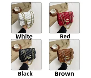 Detail view of quilted V-pattern flap chain bags in white, red, black, and brown leather