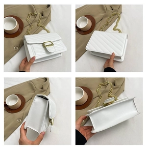 Detailed four-way view showing V-quilted texture and gold chain on white crossbody bag