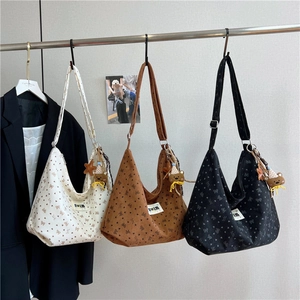 Women Corduroy Large Capacity Tote Bag Korean Lazy Style Heart Bow Pattern Shoulder Crossbody Bag Student Commuting Bag