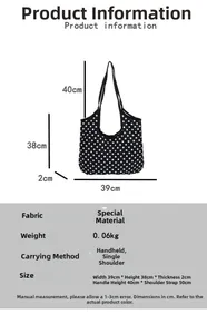 Detailed size chart for black polka dot canvas tote bag with shoulder strap dimensions