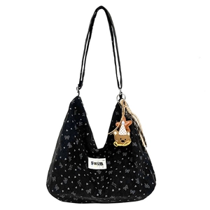Retro black corduroy tote bag with bow pattern and cute bear charm for women