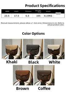 Detailed size specifications and five-color display of the leopard print crossbody bag