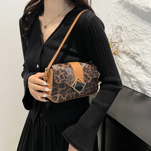 Trendy Leopard Print Shoulder Bag For Women Vintage PU Leather Underarm Bag Geometric Metal Buckle Casual Commuting Handbag