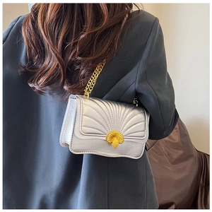 Macro detail of silver square bag featuring shell texture and golden fan lock
