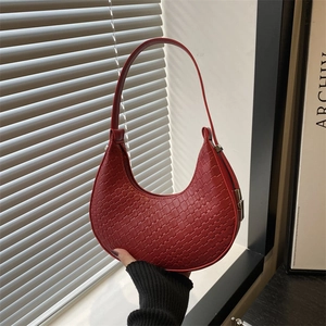 Women Woven Texture Synthetic Leather Hobo Bag Half Moon Underarm Shoulder Bag Vintage Solid Color Casual Handbag For Daily Use