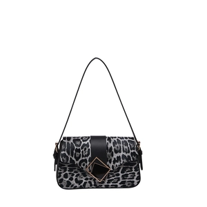 Chic leopard print shoulder bag with black strap and square metallic buckle details