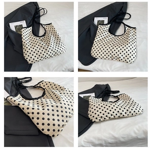 Detailed four-grid view showing the polka dot canvas tote bag with black strap accents