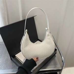 White woven hobo shoulder bag for women with minimalist half moon design and silver hardware