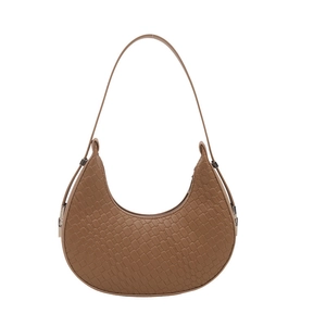 Brown faux crocodile leather half-moon shoulder bag with sleek minimalist shoulder strap