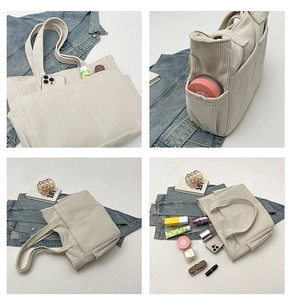 Collage of cream corduroy tote bag showing multiple pockets and large storage capacity