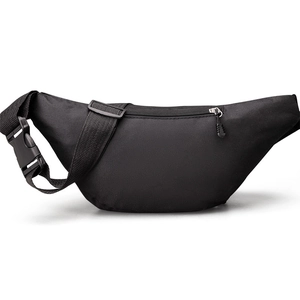 Close-up of black nylon waist bag featuring a durable zipper and adjustable plastic buckle