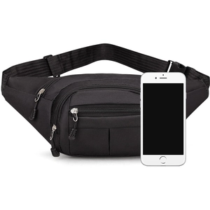 Detail of multi-pocket black waist bag with adjustable strap and smartphone for size