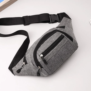 Detail view of gray wear-resistant oxford fabric chest bag with multi-layer zipper pockets