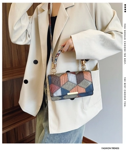 Close-up of geometric color-block handbag with crocodile texture and gold buckle