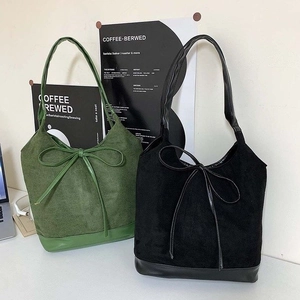 Women Large Capacity Suede Synthetic Leather Tote Bag Fashion Bow Drawstring Shoulder Bag Bucket Handbag Urban Minimalist