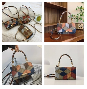 Detail shots of patchwork handbag with woven handle and vintage leather texture